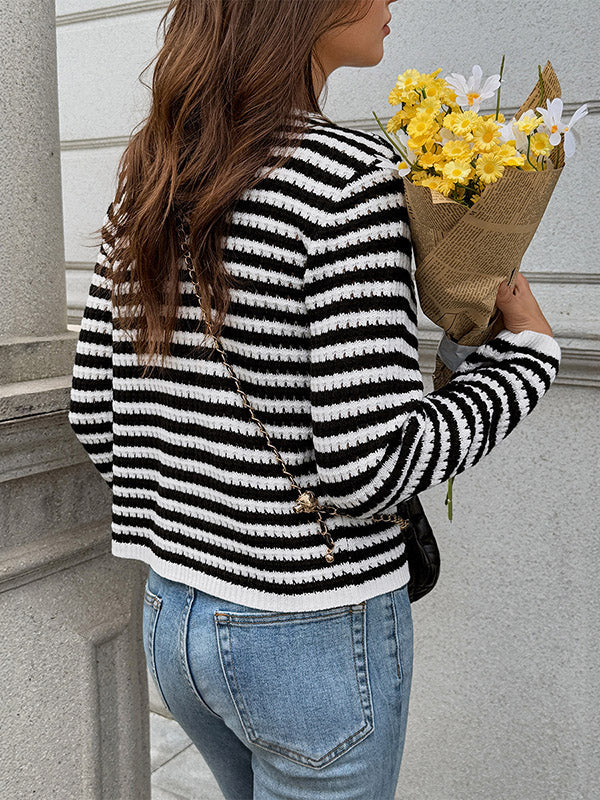 Striped Button-Detail Pocket Long-Sleeve Cardigan