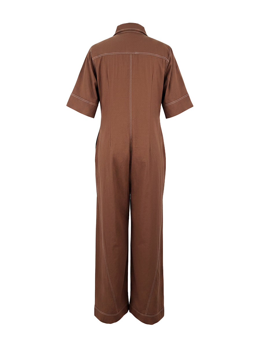 Stand-Collar Zip Pocket Short-Sleeve Jumpsuit