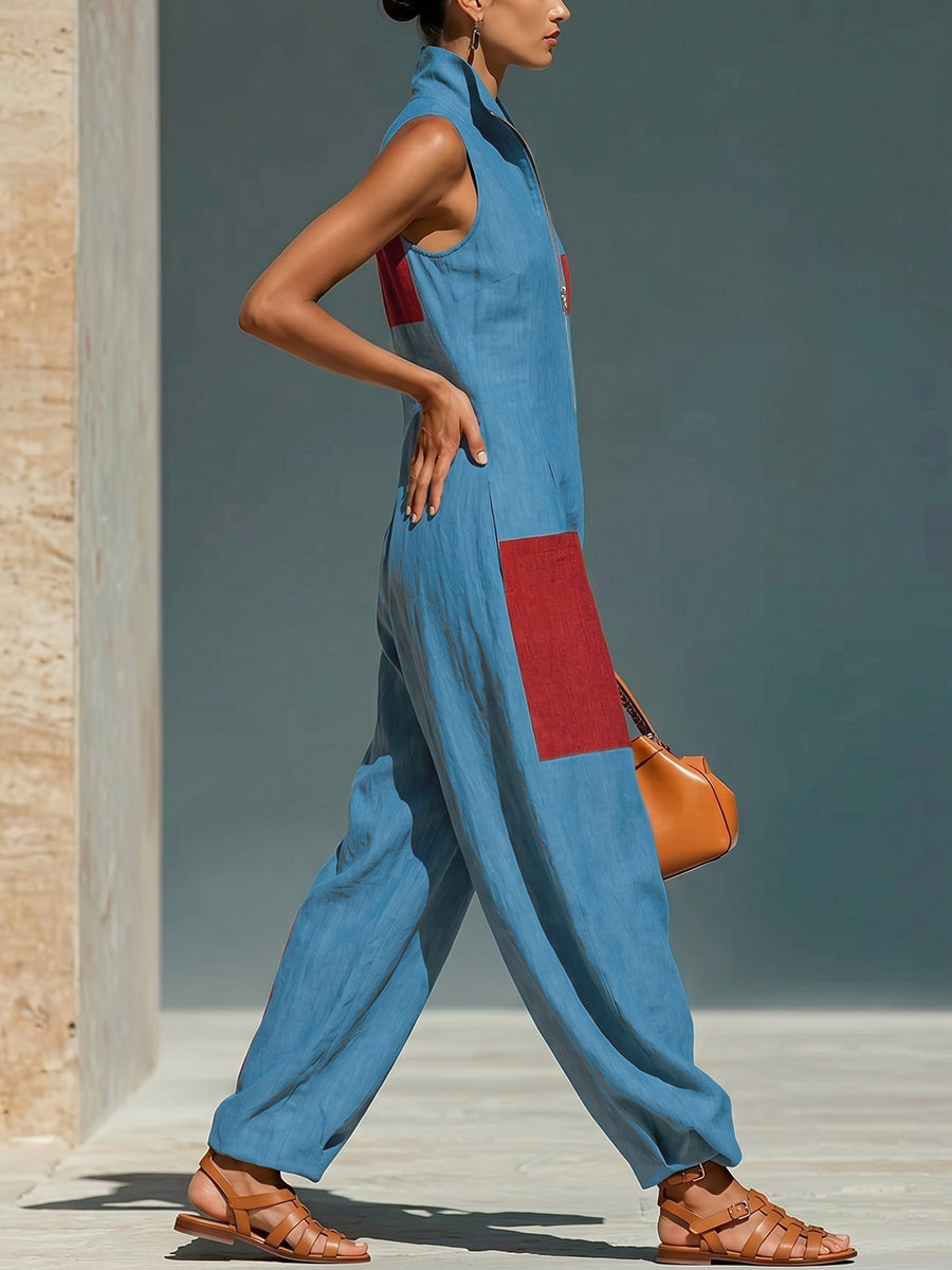 Wide-Leg Pocket Relaxed Contrast Jumpsuit