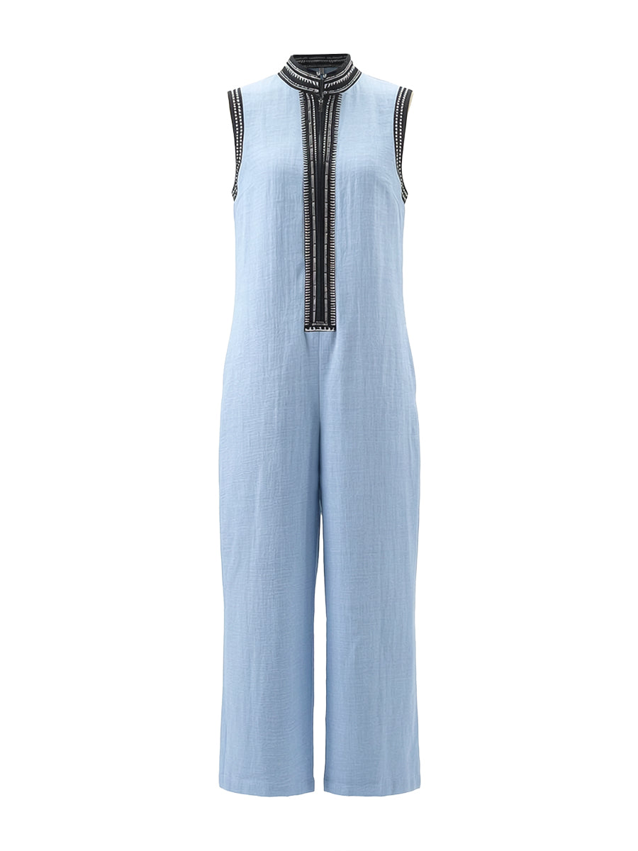 Wide-Leg Stand-Collar Zip Pocket Jumpsuit