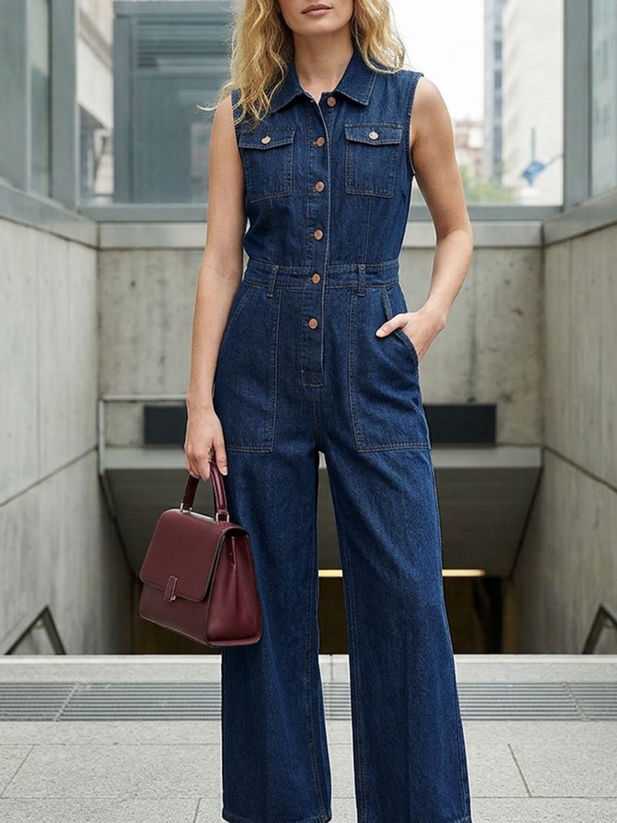 Plus Size Stand-Collar Button-Detail Pocket Jumpsuit