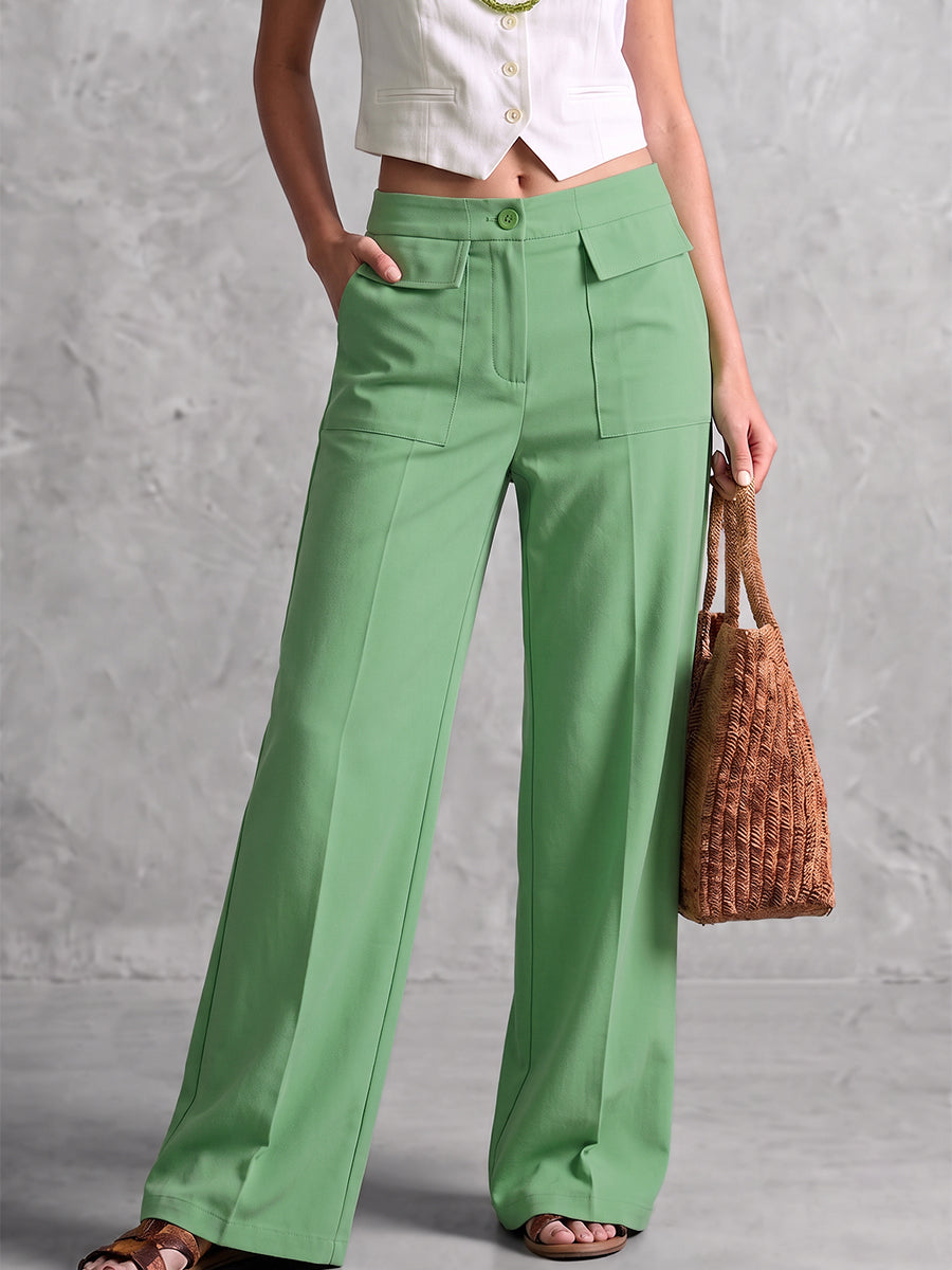 Wide-Leg High-Waist Button-Detail Pocket Pants