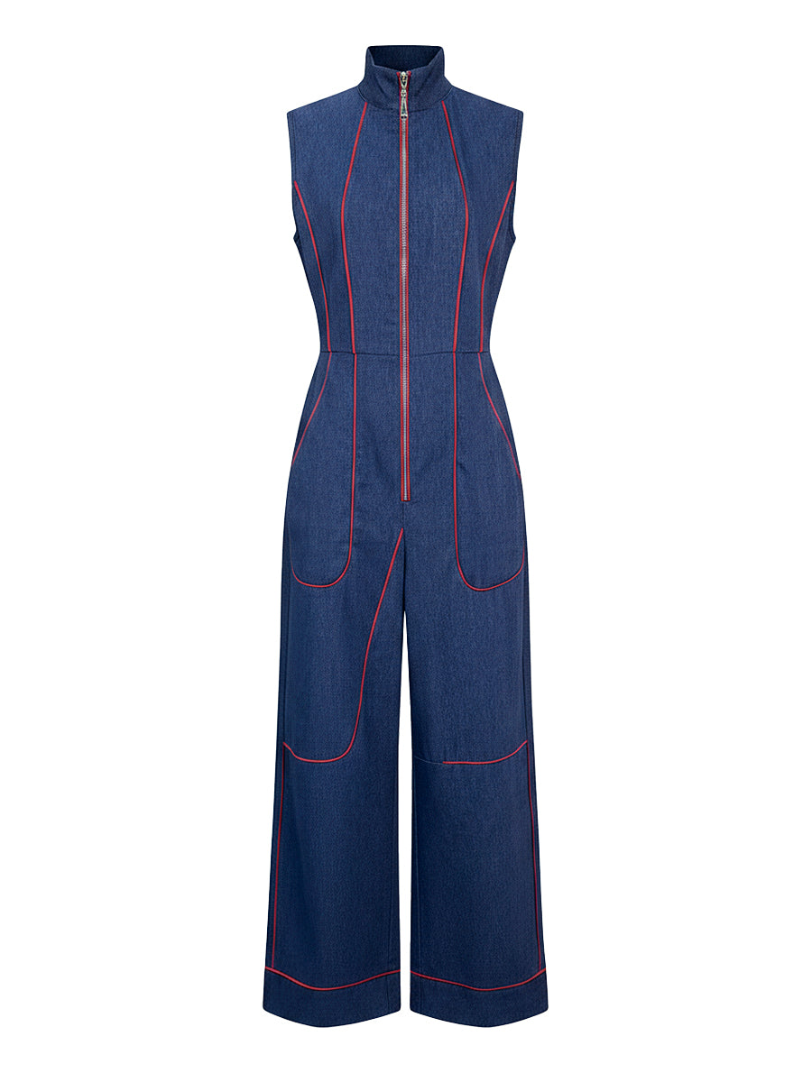 High-Waist Stand-Collar Zip Pocket Jumpsuit
