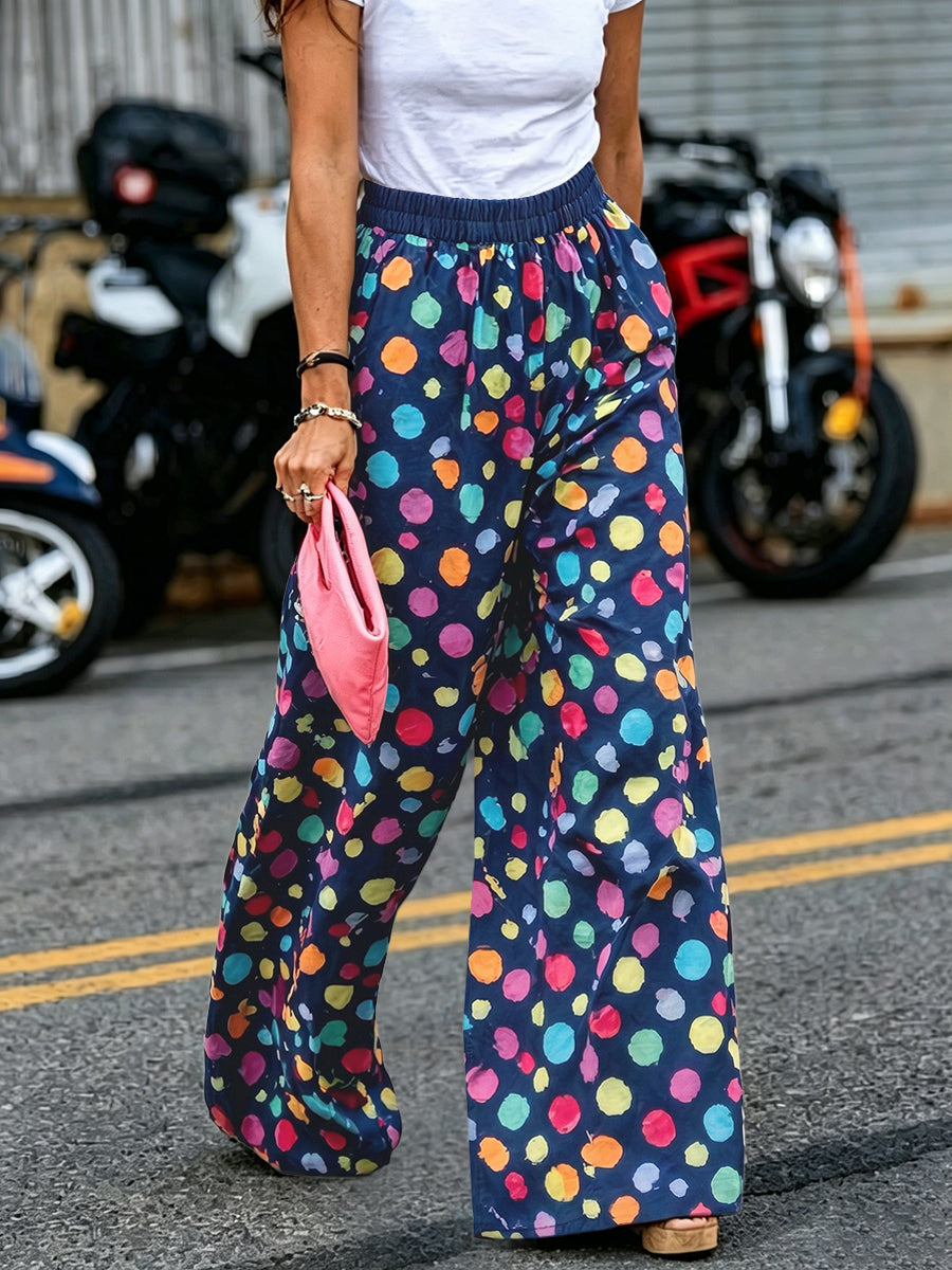 Polka Dot Wide-Leg High-Waist Pocket Pants