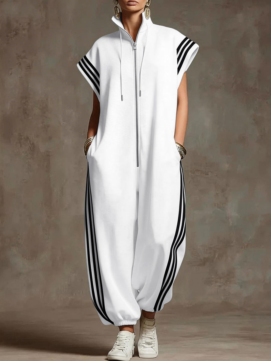 Striped Plus Size Stand-Collar Zip Jumpsuit