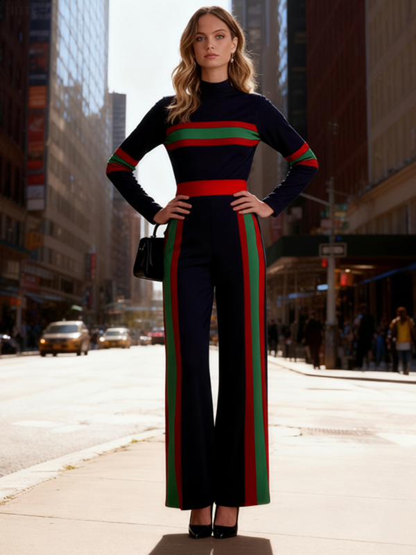 Striped Pocket Long-Sleeve Contrast Jumpsuit