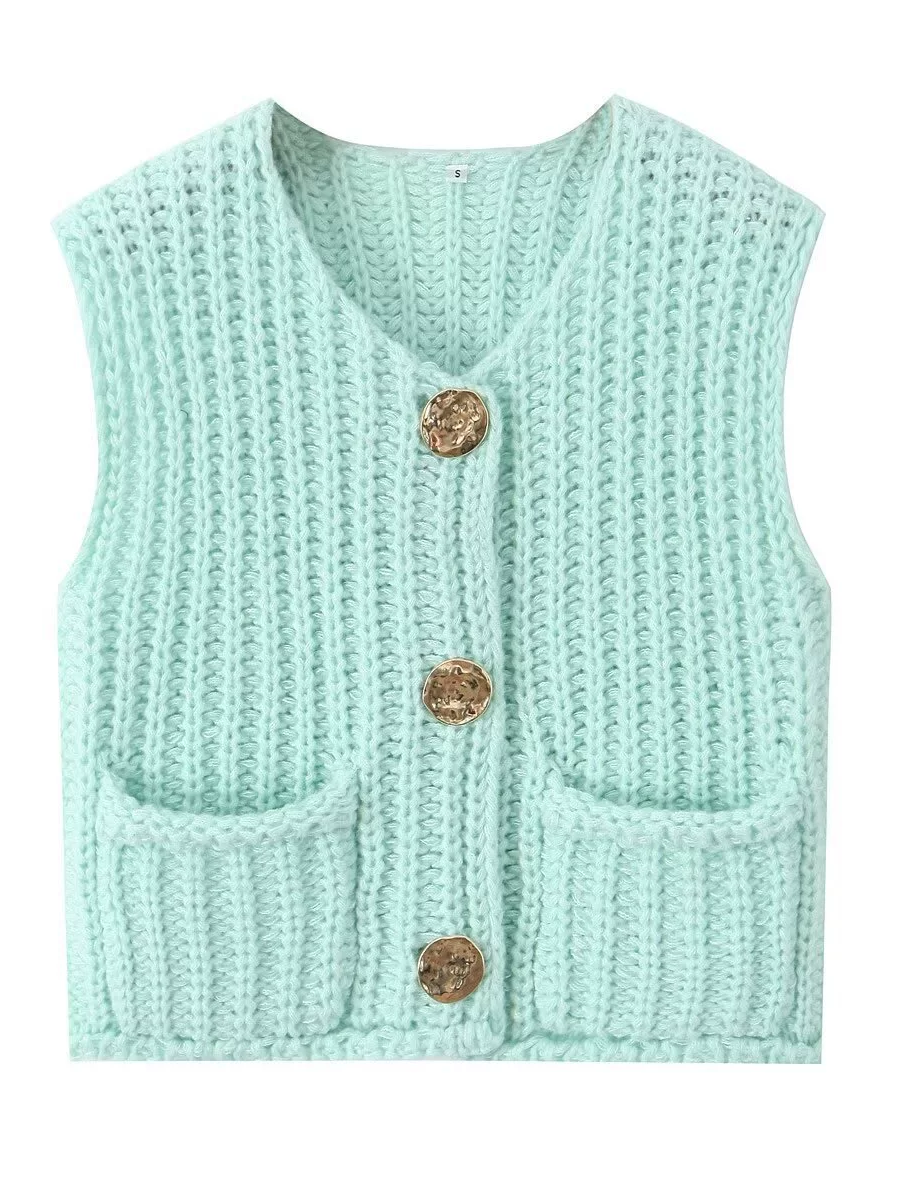 Knit Button-Detail Pocket Sleeveless Cardigan
