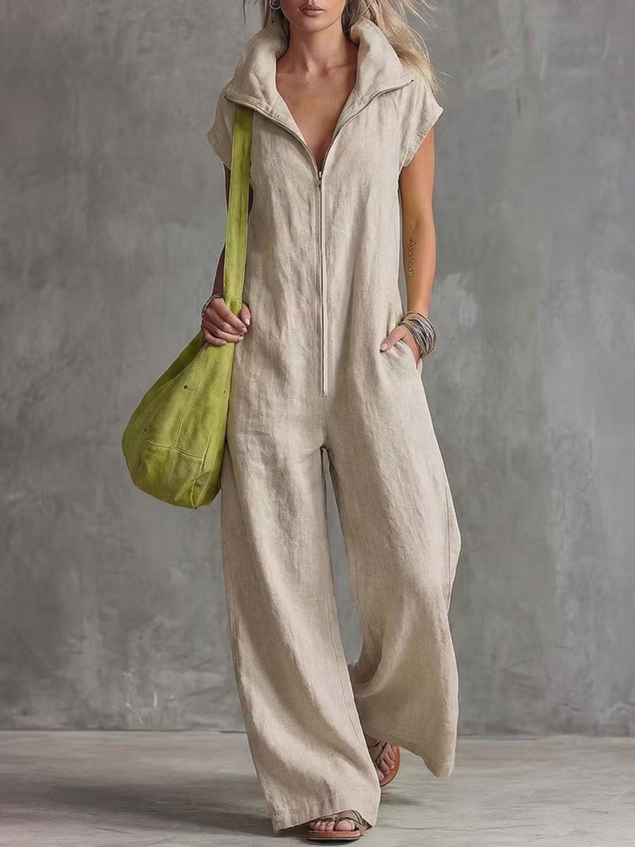 Wide-Leg Stand-Collar Zip Pocket Jumpsuit