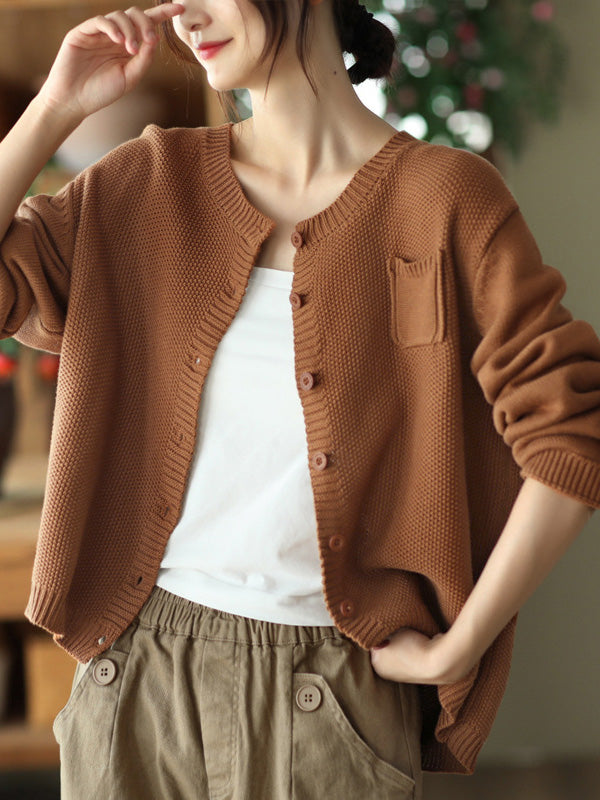 Round-Neck Button-Detail Long-Sleeve Relaxed Cardigan