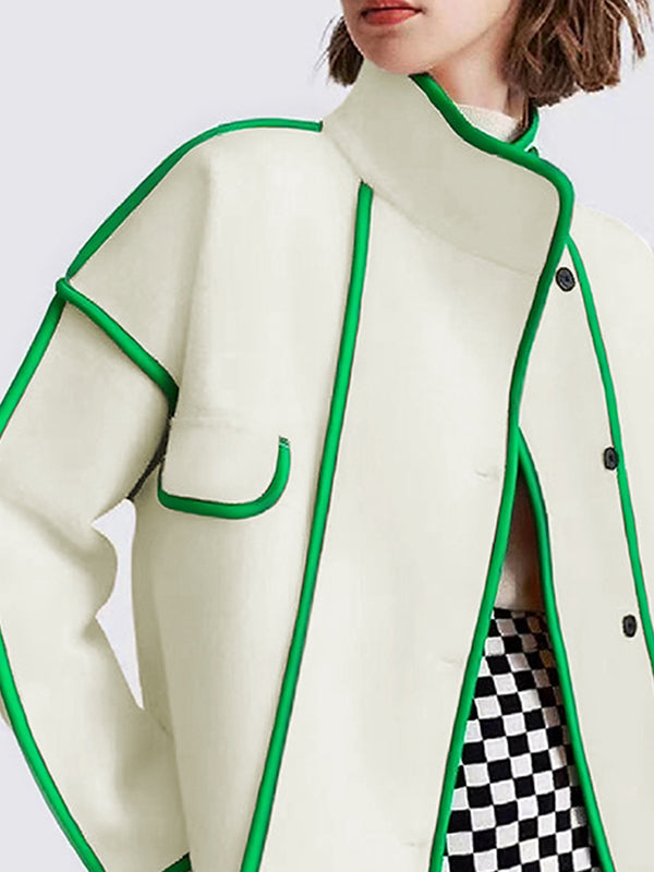 Stand-Collar Button-Detail Pocket Long-Sleeve Coat