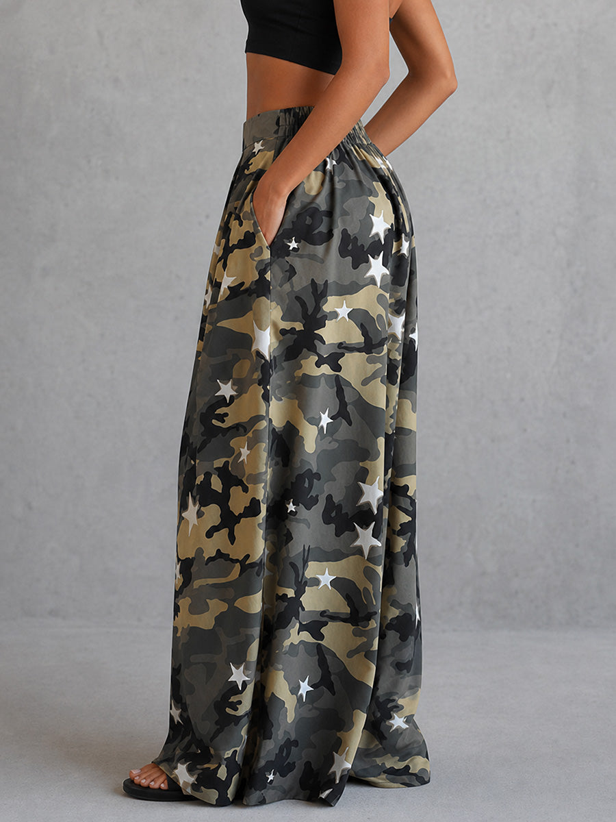 Camouflage Wide-Leg Pocket Elastic Pants
