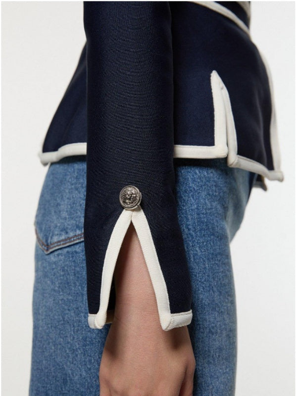 Round-Neck Button-Detail Zip Side-Split Jacket