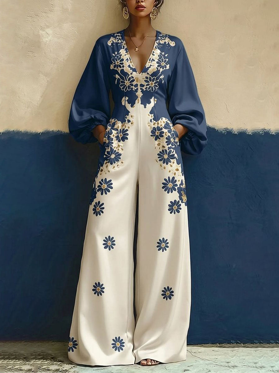 Floral Wide-Leg V-Neck Pocket Jumpsuit