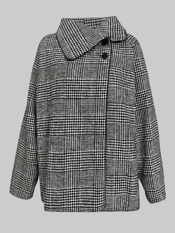 Houndstooth Checked Stand-Collar Asymmetric Jacket
