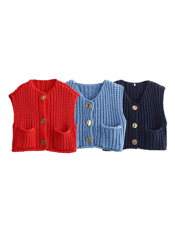 V-Neck Button-Detail Pocket Sleeveless Vest