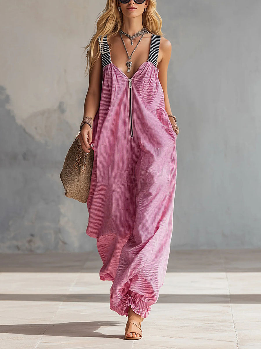 Striped V-Neck Pleated Zip Jumpsuit