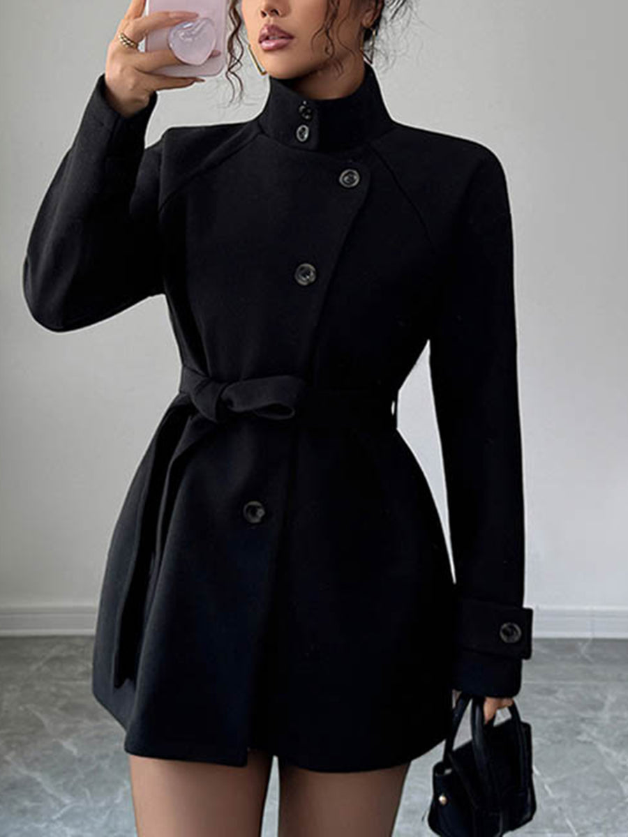 High-Waist Stand-Collar Asymmetric Button-Detail Jacket