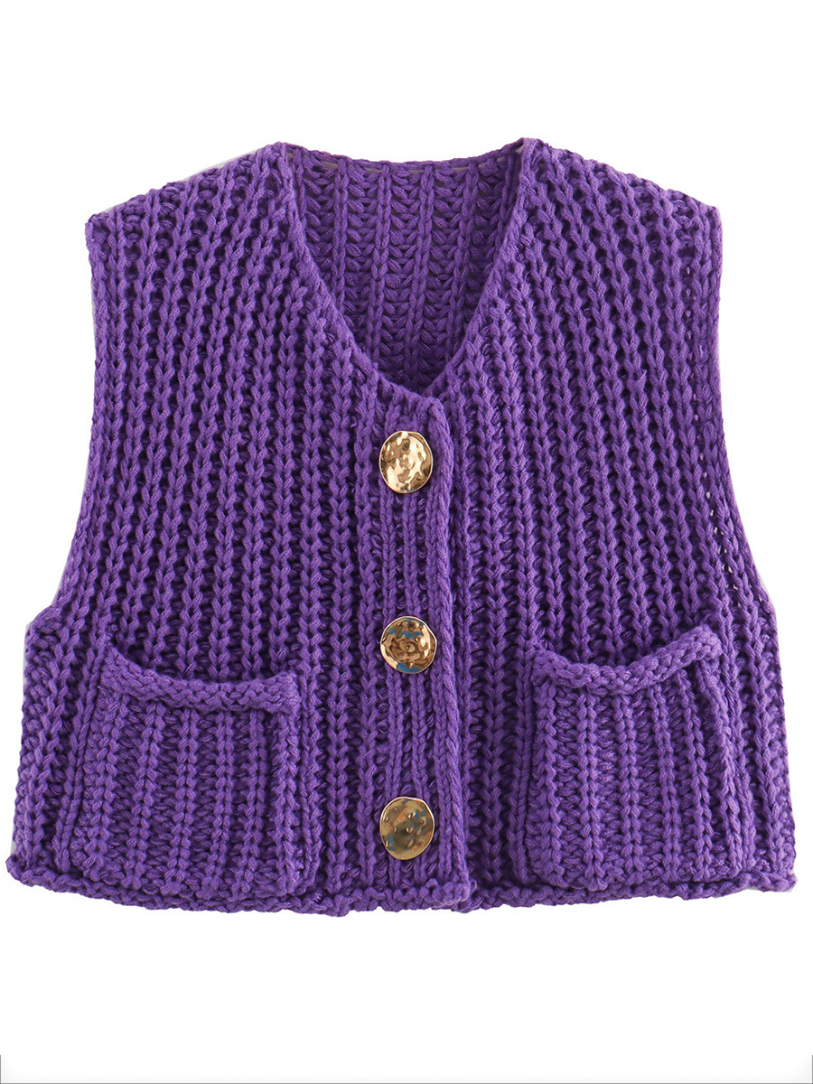 Knit Button-Detail Pocket Sleeveless Cardigan
