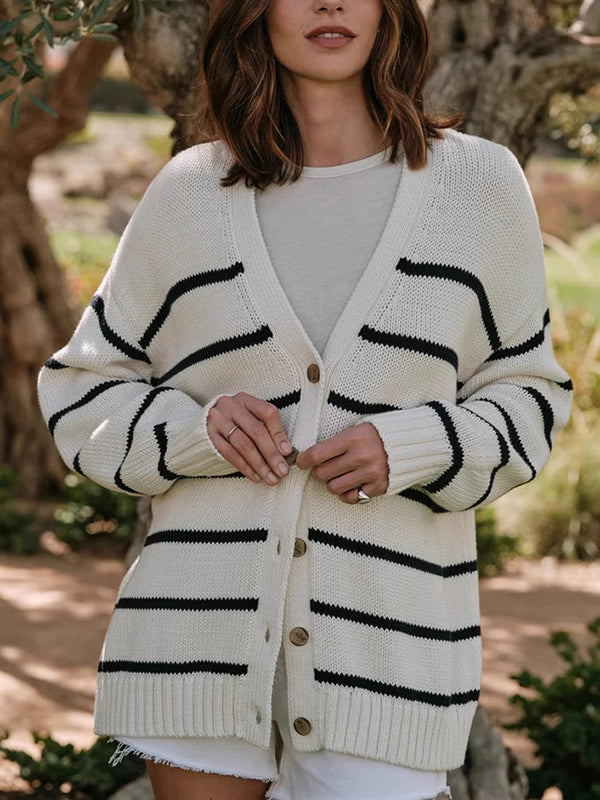 Striped V-Neck Long-Sleeve Relaxed Cardigan