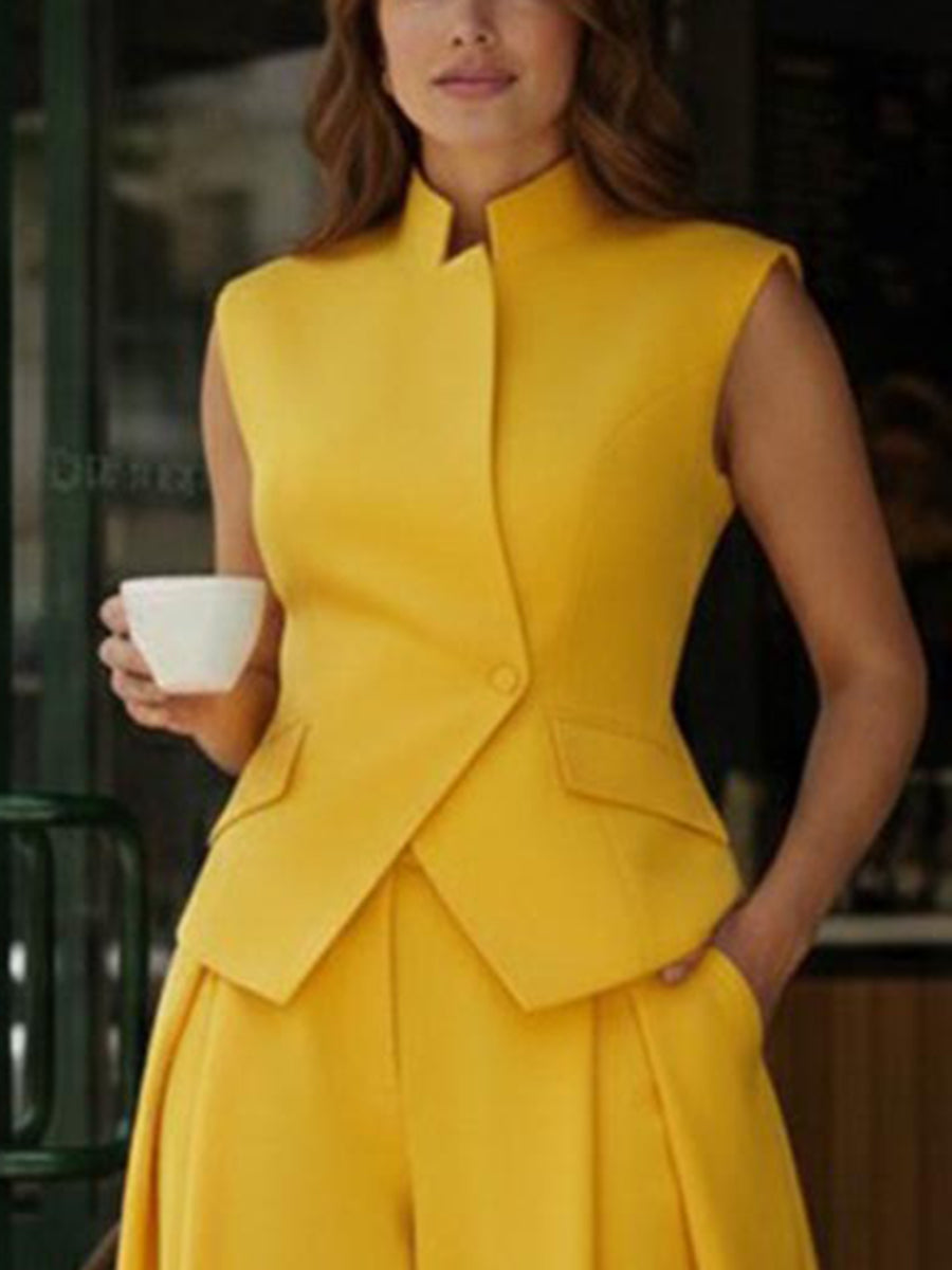 High-Waist Stand-Collar Asymmetric Button-Detail Tank Top