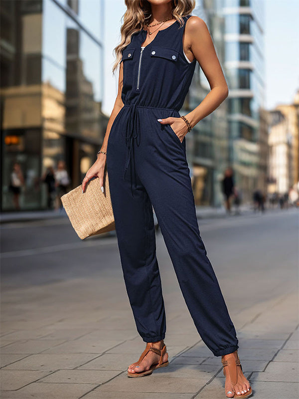 V-Neck Zip Sleeveless Jumpsuit