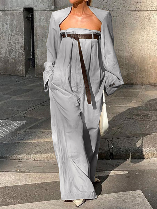 Wide-Leg Button-Detail Belted Long-Sleeve Belt