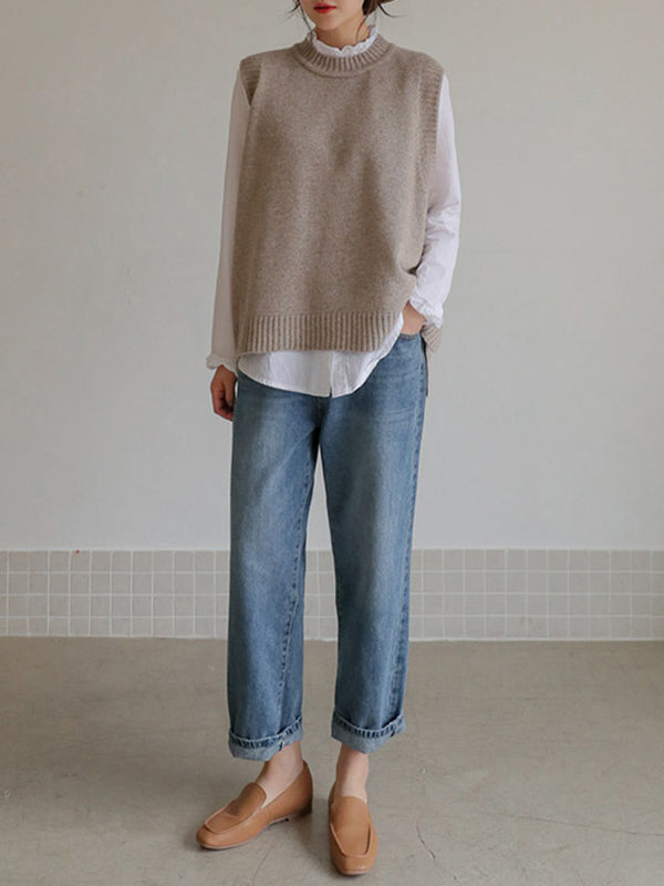 Round-Neck Button-Detail Sleeveless Relaxed Vest