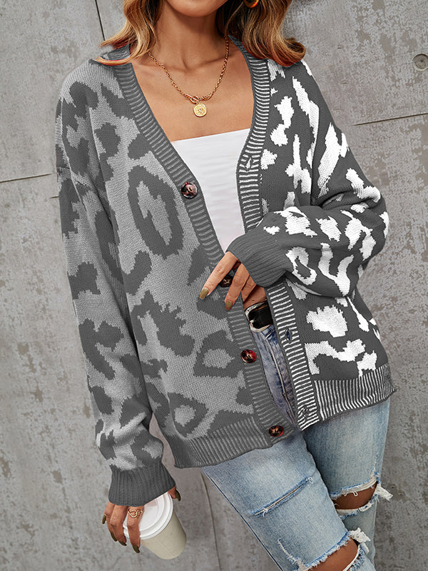 Leopard Print V-Neck Button-Detail Long-Sleeve Cardigan