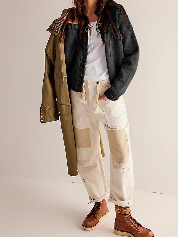 Stand-Collar Button-Detail Pocket Long-Sleeve Cardigan