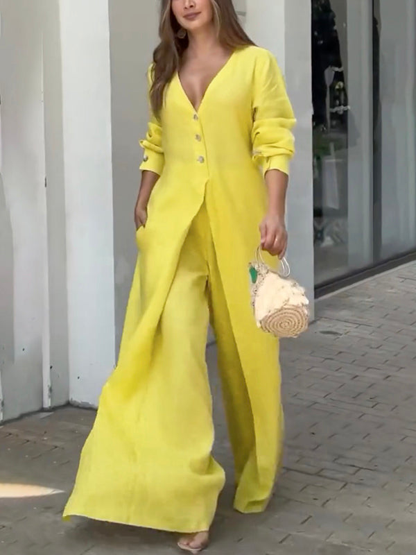 High-Waist V-Neck Button-Detail Pocket Jumpsuit