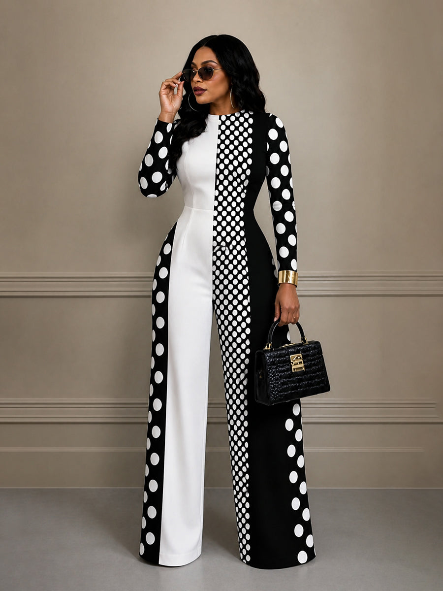 High-Waist Round-Neck Zip Long-Sleeve Jumpsuit