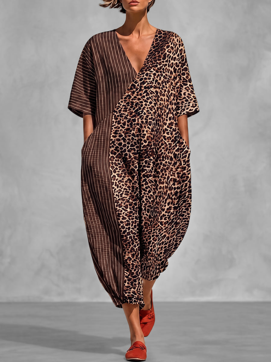 Leopard Print Striped V-Neck Pocket Jumpsuit