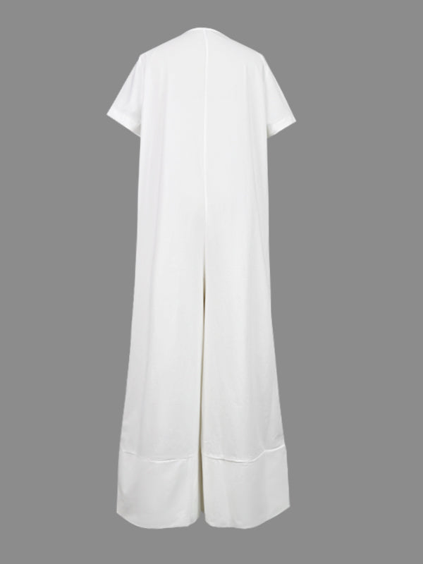 V-Neck Button-Detail Pocket Short-Sleeve Jumpsuit