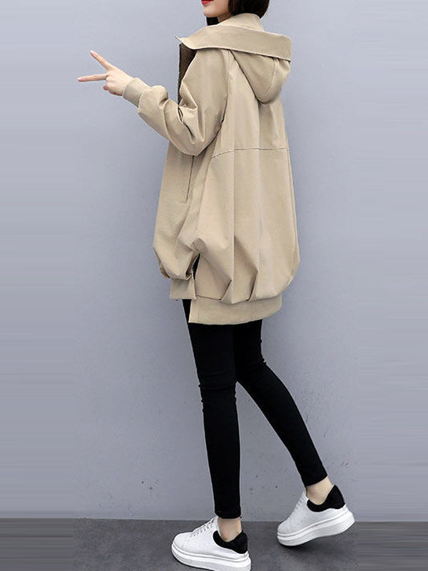 Hooded Pleated Zip Long-Sleeve Jacket