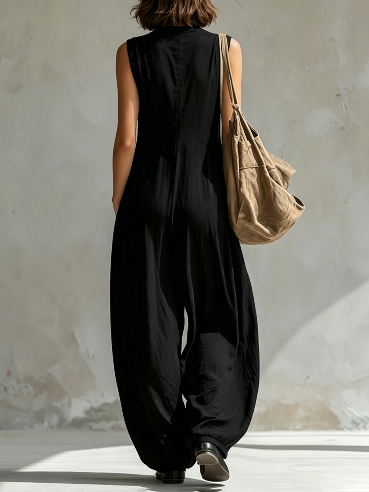 Wide-Leg V-Neck Button-Detail Pocket Jumpsuit