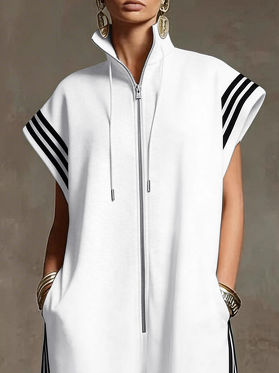 Striped Plus Size Stand-Collar Zip Jumpsuit