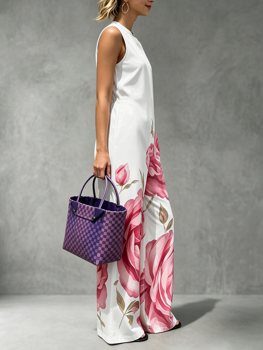 Floral High-Waist Round-Neck Pleated Jumpsuit