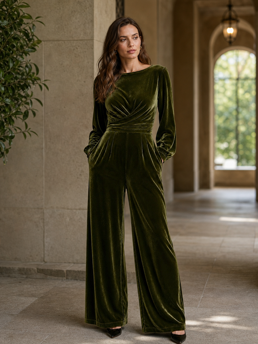 Velvet High-Waist Pocket Long-Sleeve Jumpsuit