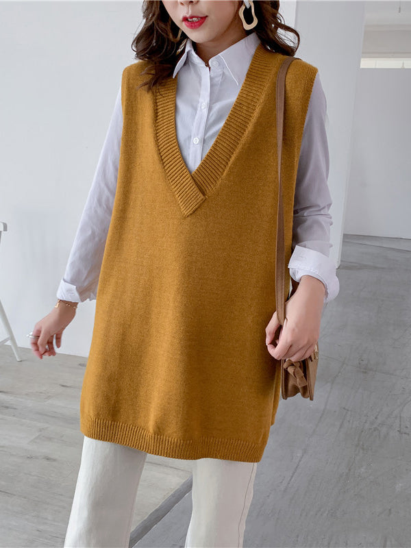 Knit V-Neck Side-Split Sleeveless Vest