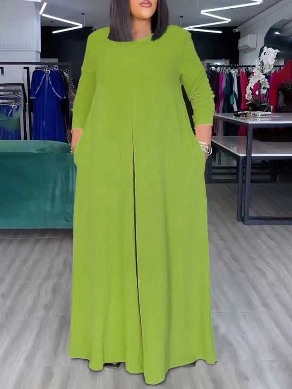 Wide-Leg Round-Neck Pocket Relaxed Jumpsuit