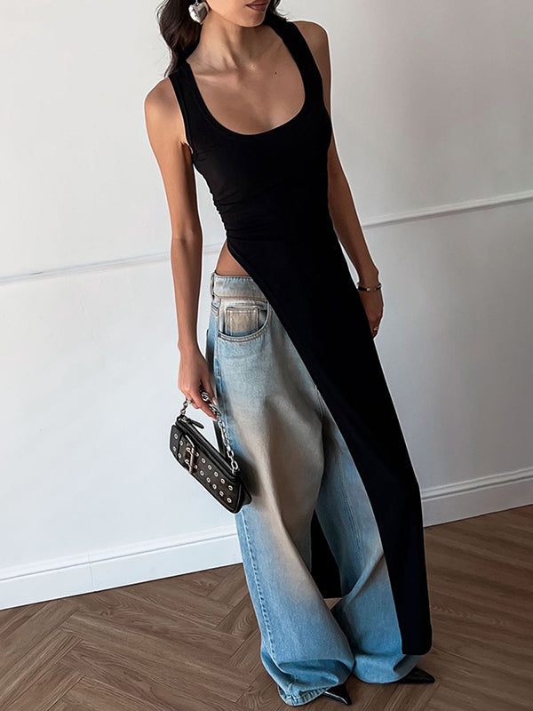 Square-Neck Asymmetric Side-Split Sleeveless Tank Top