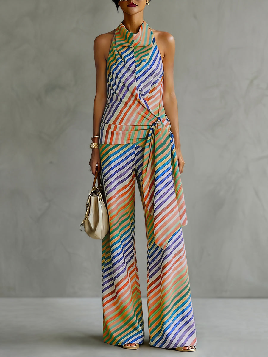 Striped Halter-Neck Open-Back Sleeveless Vest