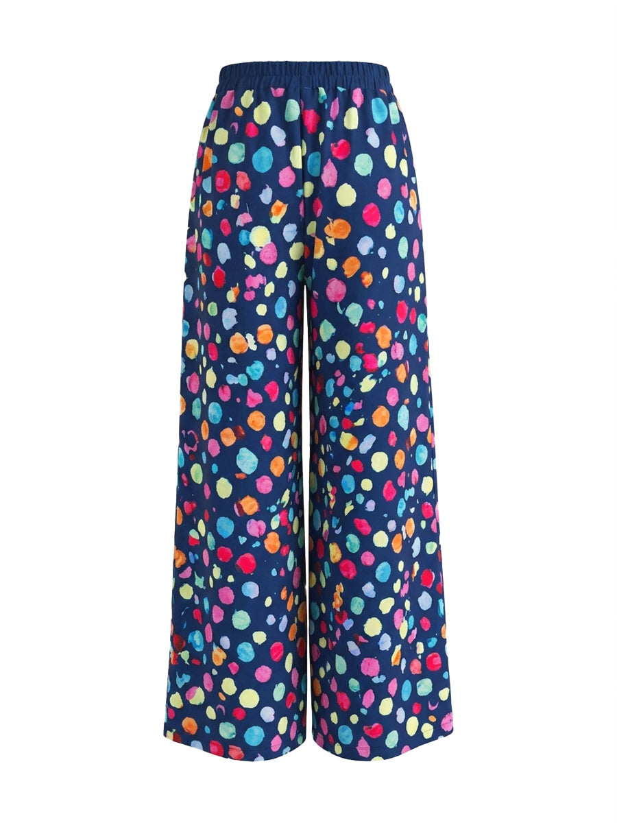 Polka Dot Wide-Leg High-Waist Pocket Pants