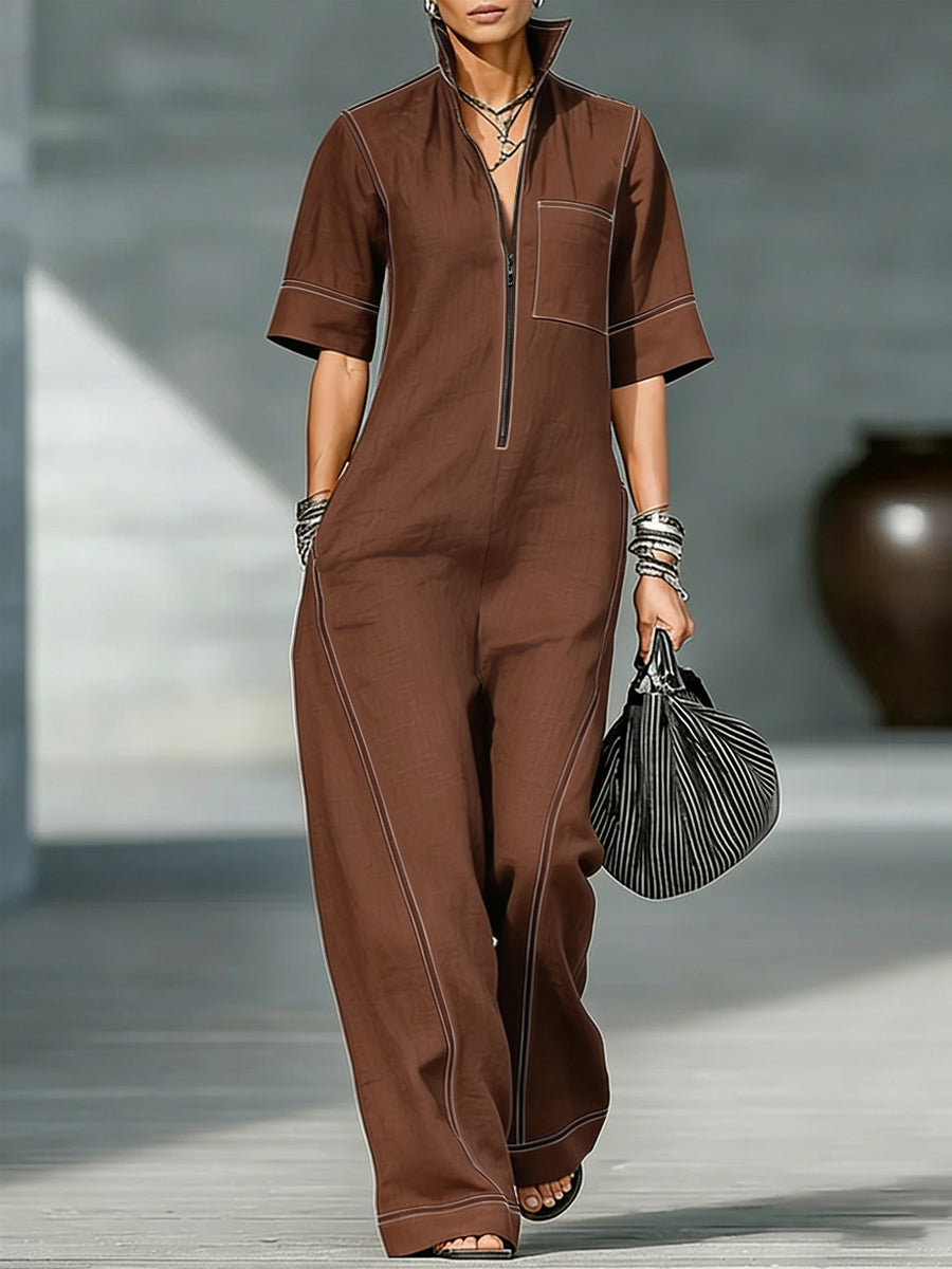 Stand-Collar Zip Pocket Short-Sleeve Jumpsuit