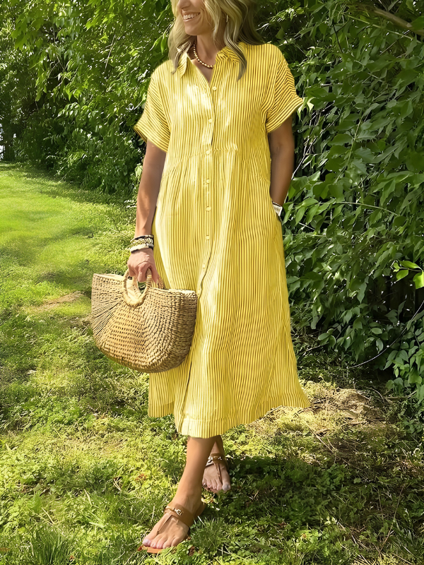 Marina | Striped Maxi Shirt Dress with Pockets
