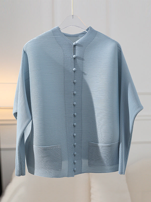 Round-Neck Pleated Button-Detail Pocket Jacket