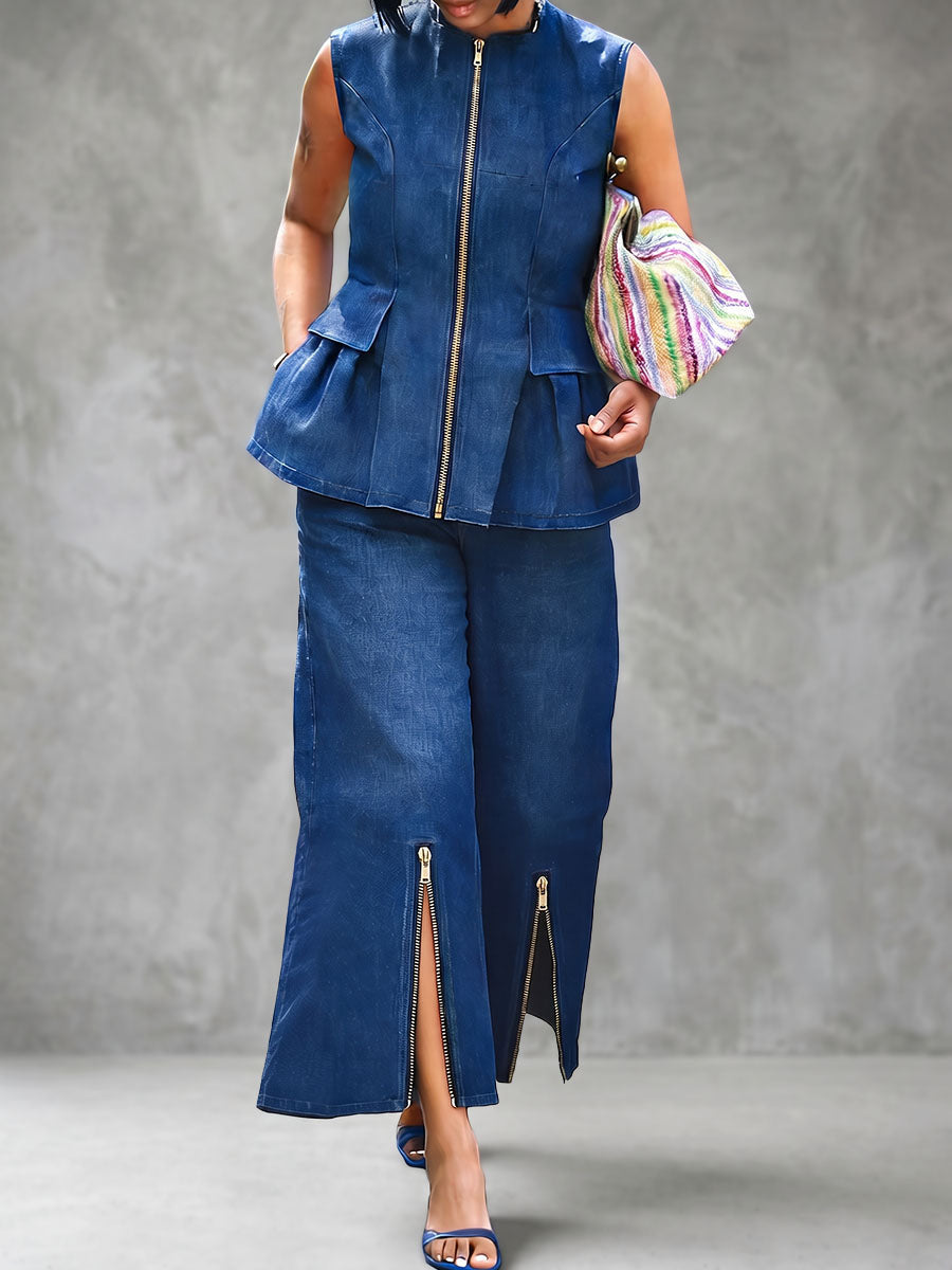 Wide-Leg Cropped Zip Pocket Pants