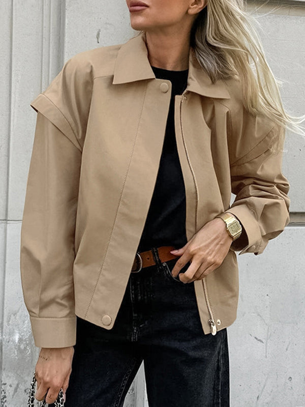 Button-Detail Zip Long-Sleeve Elastic Jacket