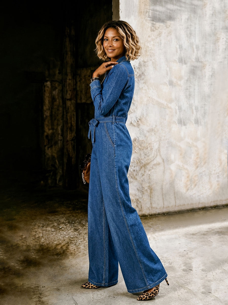Wide-Leg Zip Pocket Long-Sleeve Jumpsuit