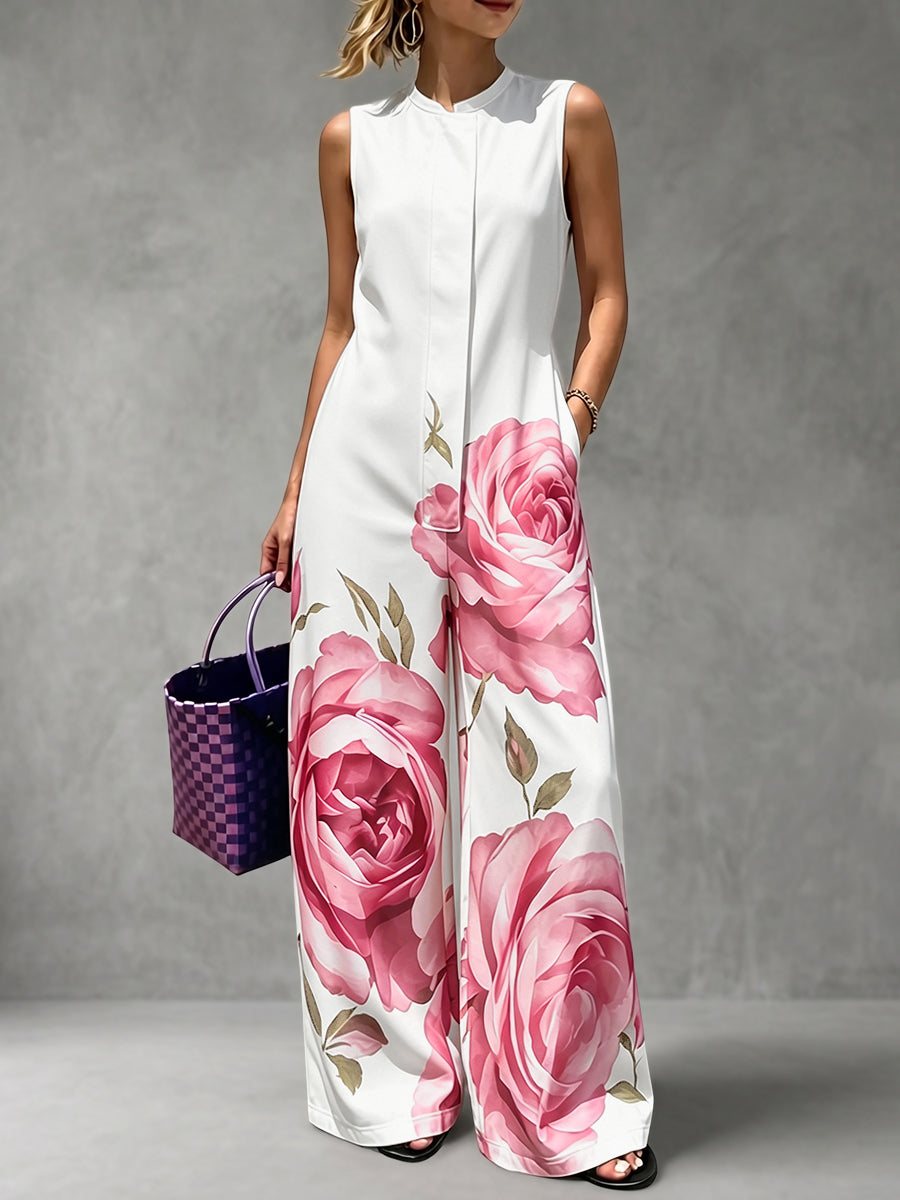 Floral High-Waist Round-Neck Pleated Jumpsuit